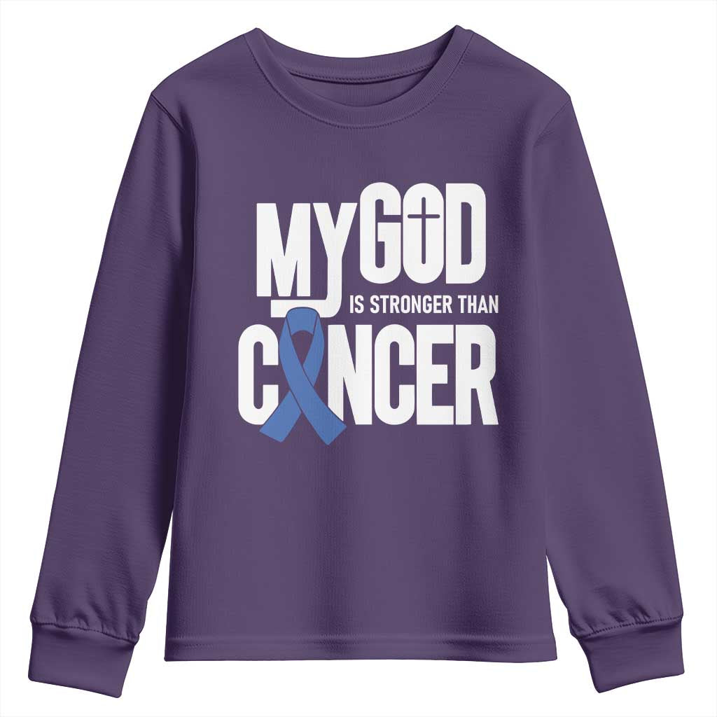 Colorectal Cancer Awareness Youth Sweatshirt My God Is Stronger Than Cancer TS11 Purple Print Your Wear