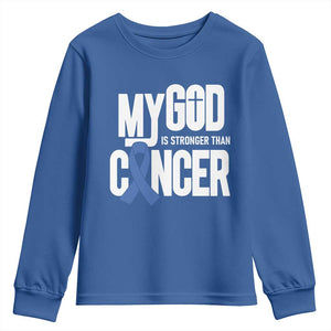 Colorectal Cancer Awareness Youth Sweatshirt My God Is Stronger Than Cancer TS11 Royal Blue Print Your Wear