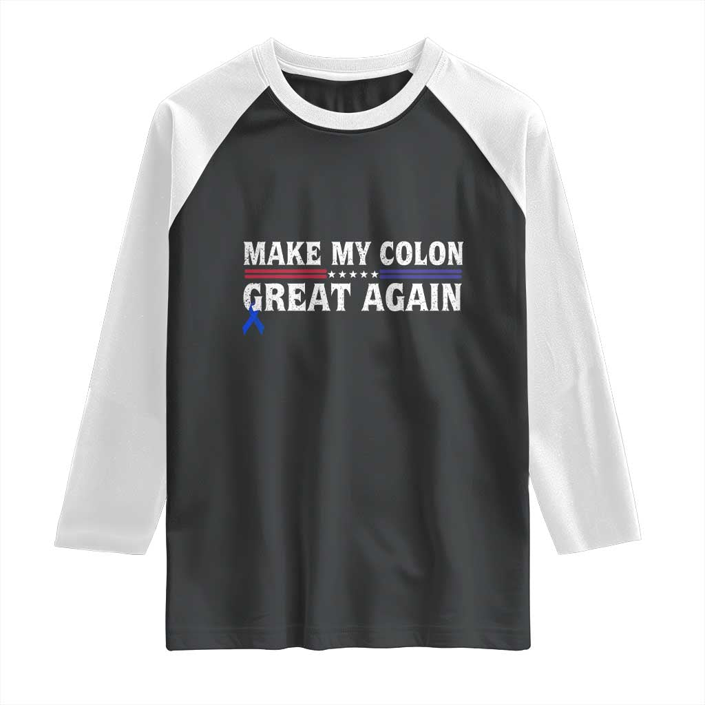 Make My Colon Great Again Raglan Shirt Colorectal Cancer Awareness Vintage Star Blue Ribbon TS11 Black White Print Your Wear