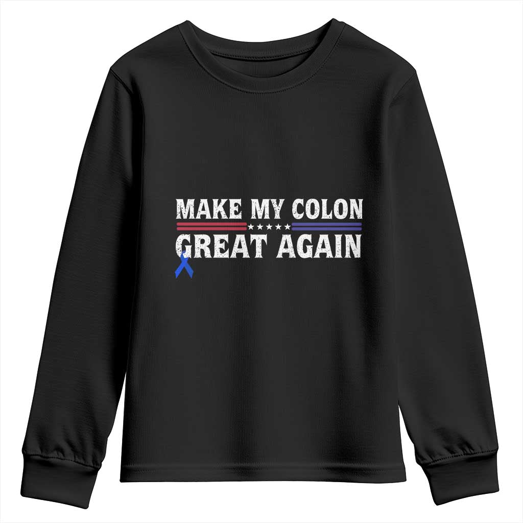 Make My Colon Great Again Youth Sweatshirt Colorectal Cancer Awareness Vintage Star Blue Ribbon TS11 Black Print Your Wear