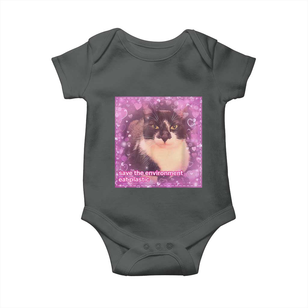 Funny Save The Environment Eat Plastic Baby Onesie Cat Meme TS11 Dark Heather Print Your Wear