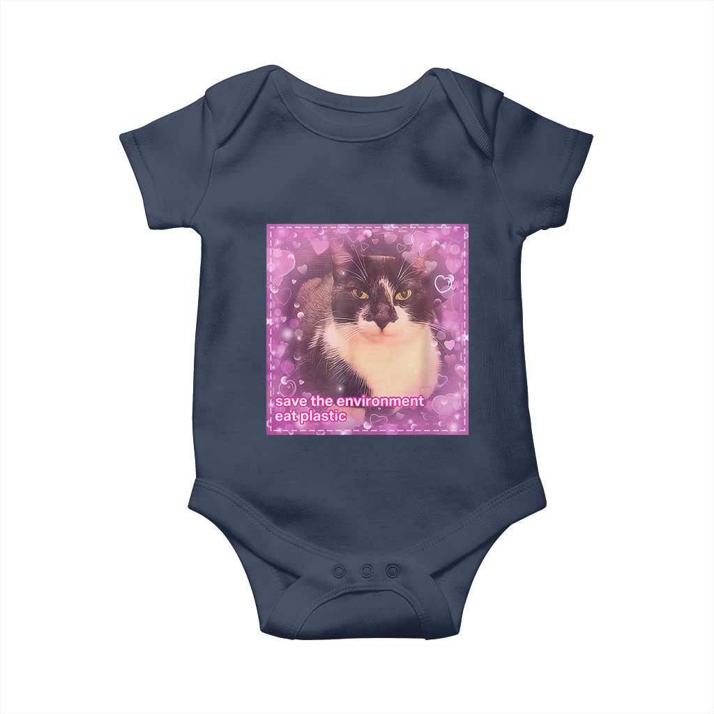 Funny Save The Environment Eat Plastic Baby Onesie Cat Meme TS11 Navy Print Your Wear