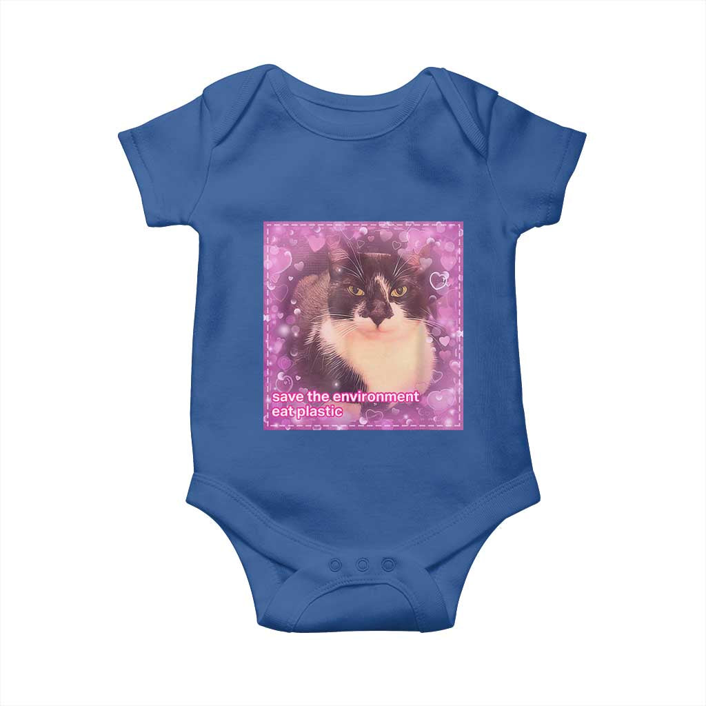 Funny Save The Environment Eat Plastic Baby Onesie Cat Meme TS11 Royal Blue Print Your Wear