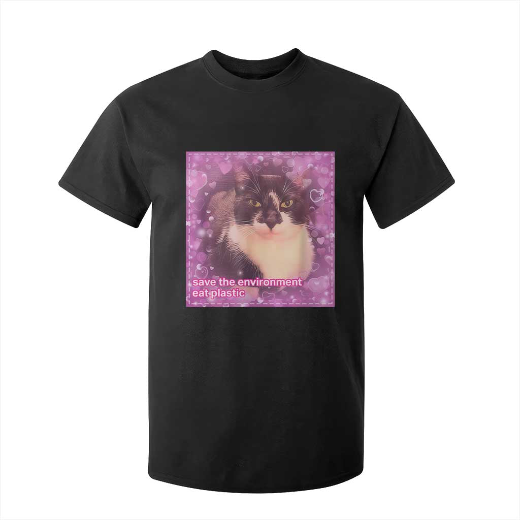 Funny Save The Environment Eat Plastic T Shirt For Kid Cat Meme TS11 Black Print Your Wear