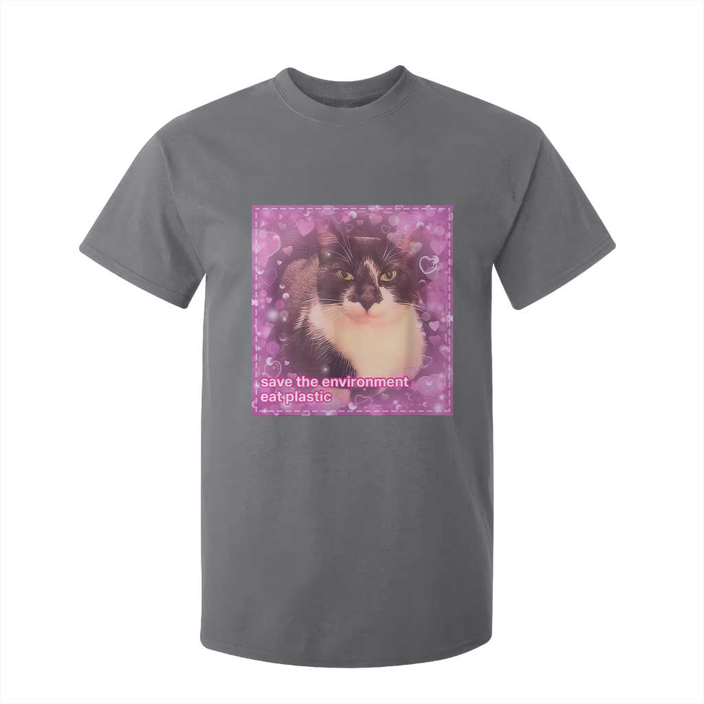 Funny Save The Environment Eat Plastic T Shirt For Kid Cat Meme TS11 Charcoal Print Your Wear