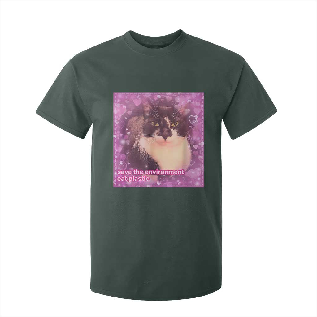 Funny Save The Environment Eat Plastic T Shirt For Kid Cat Meme TS11 Dark Forest Green Print Your Wear