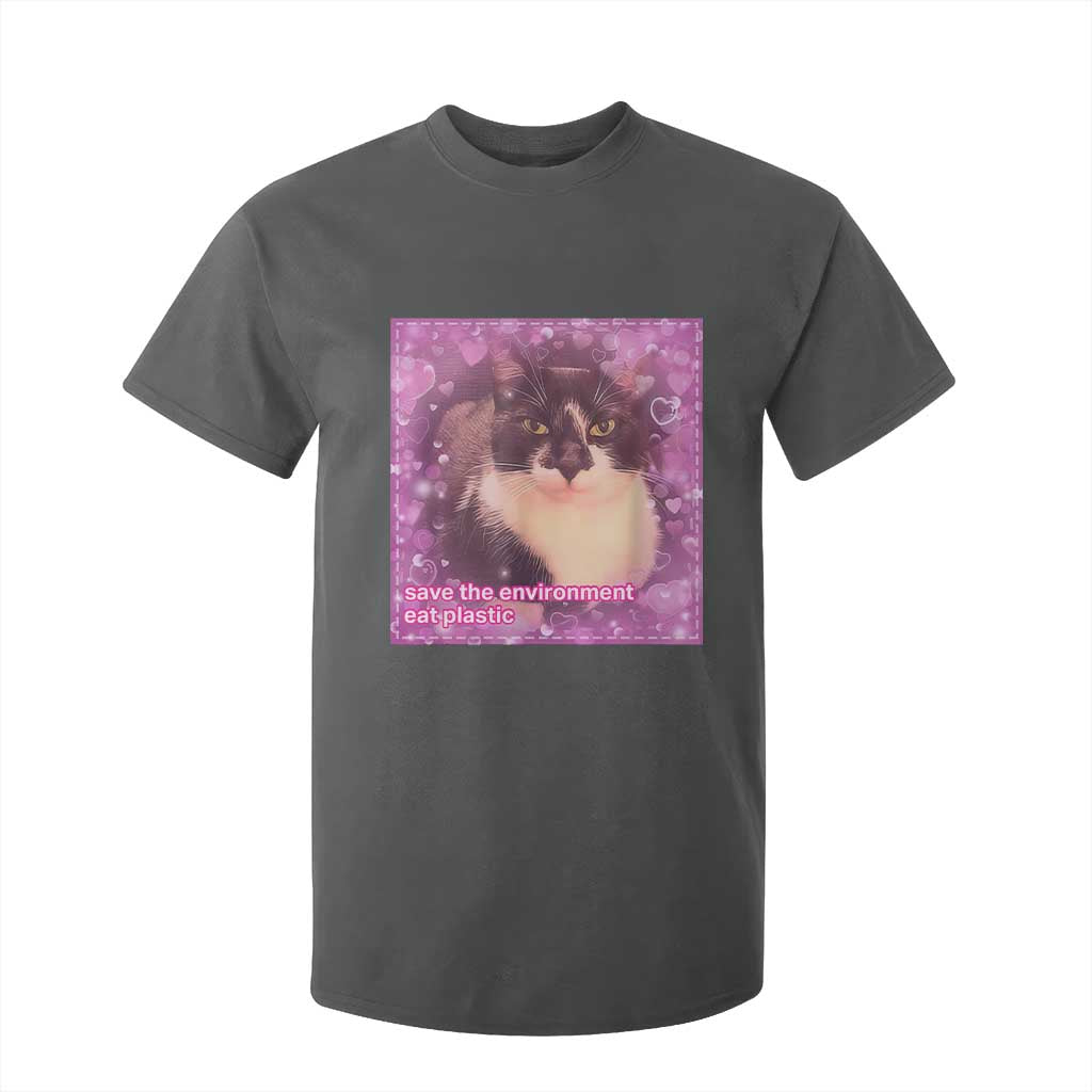 Funny Save The Environment Eat Plastic T Shirt For Kid Cat Meme TS11 Dark Heather Print Your Wear