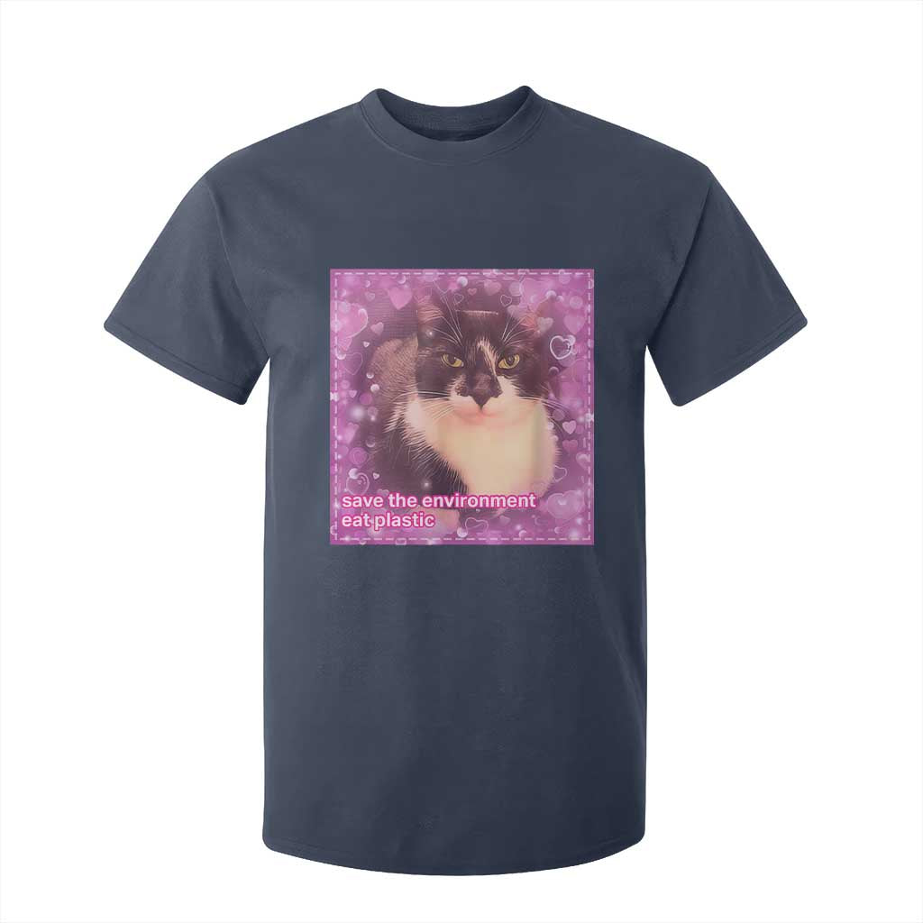 Funny Save The Environment Eat Plastic T Shirt For Kid Cat Meme TS11 Navy Print Your Wear