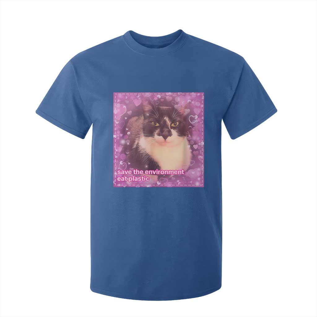 Funny Save The Environment Eat Plastic T Shirt For Kid Cat Meme TS11 Royal Blue Print Your Wear