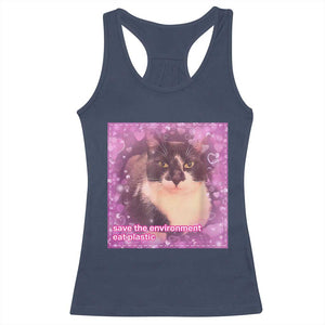 Funny Save The Environment Eat Plastic Racerback Tank Top Cat Meme TS11 Navy Print Your Wear