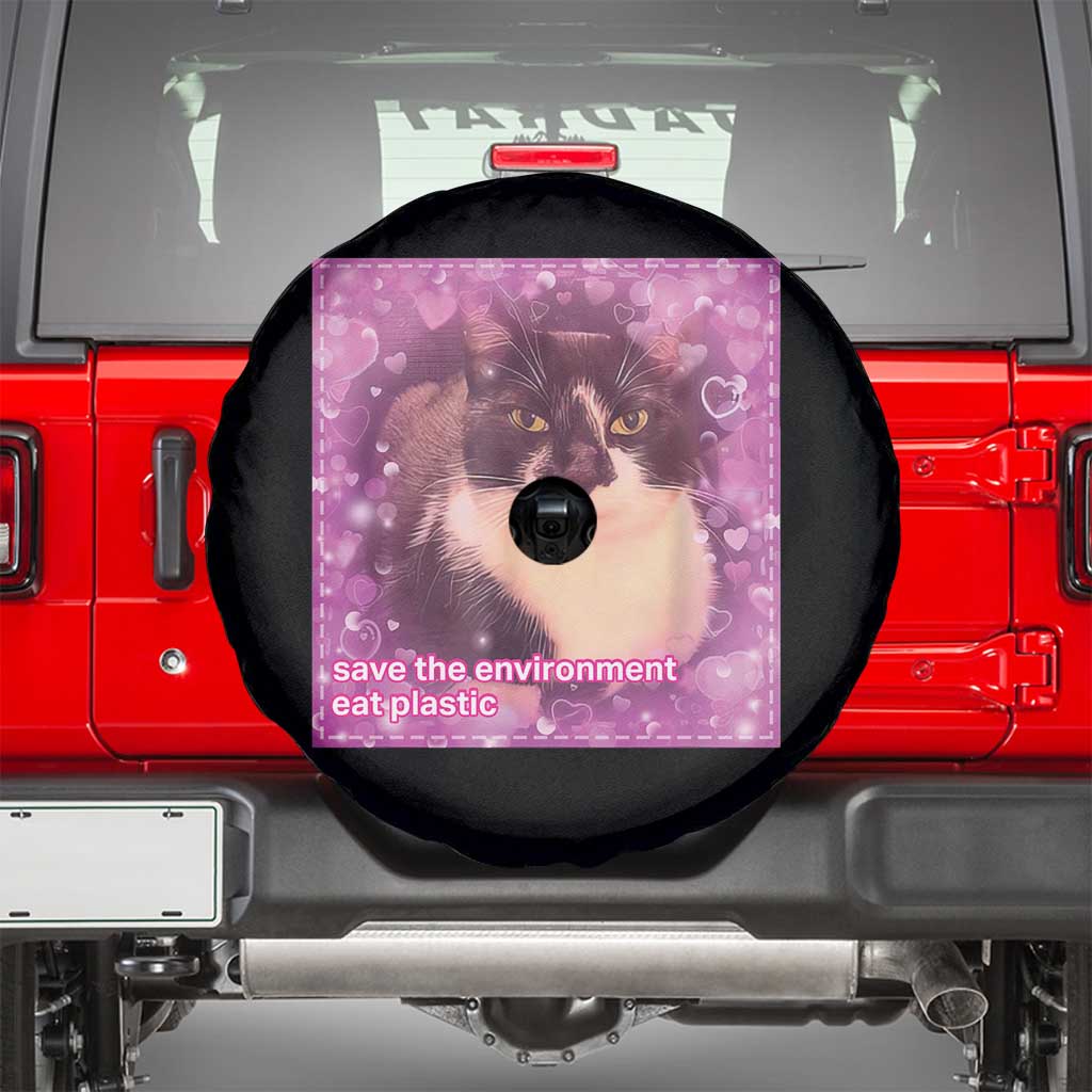 Funny Save The Environment Eat Plastic Spare Tire Cover Cat Meme TS11 Black Print Your Wear