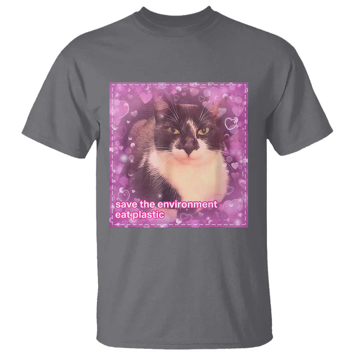 Funny Save The Environment Eat Plastic T Shirt Cat Meme TS11 Charcoal Print Your Wear