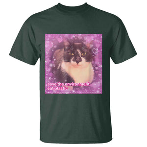 Funny Save The Environment Eat Plastic T Shirt Cat Meme TS11 Dark Forest Green Print Your Wear
