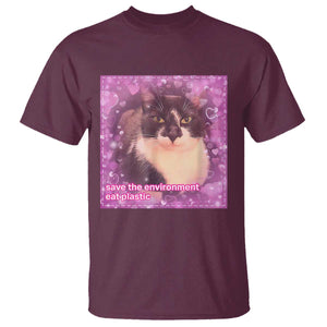 Funny Save The Environment Eat Plastic T Shirt Cat Meme TS11 Maroon Print Your Wear