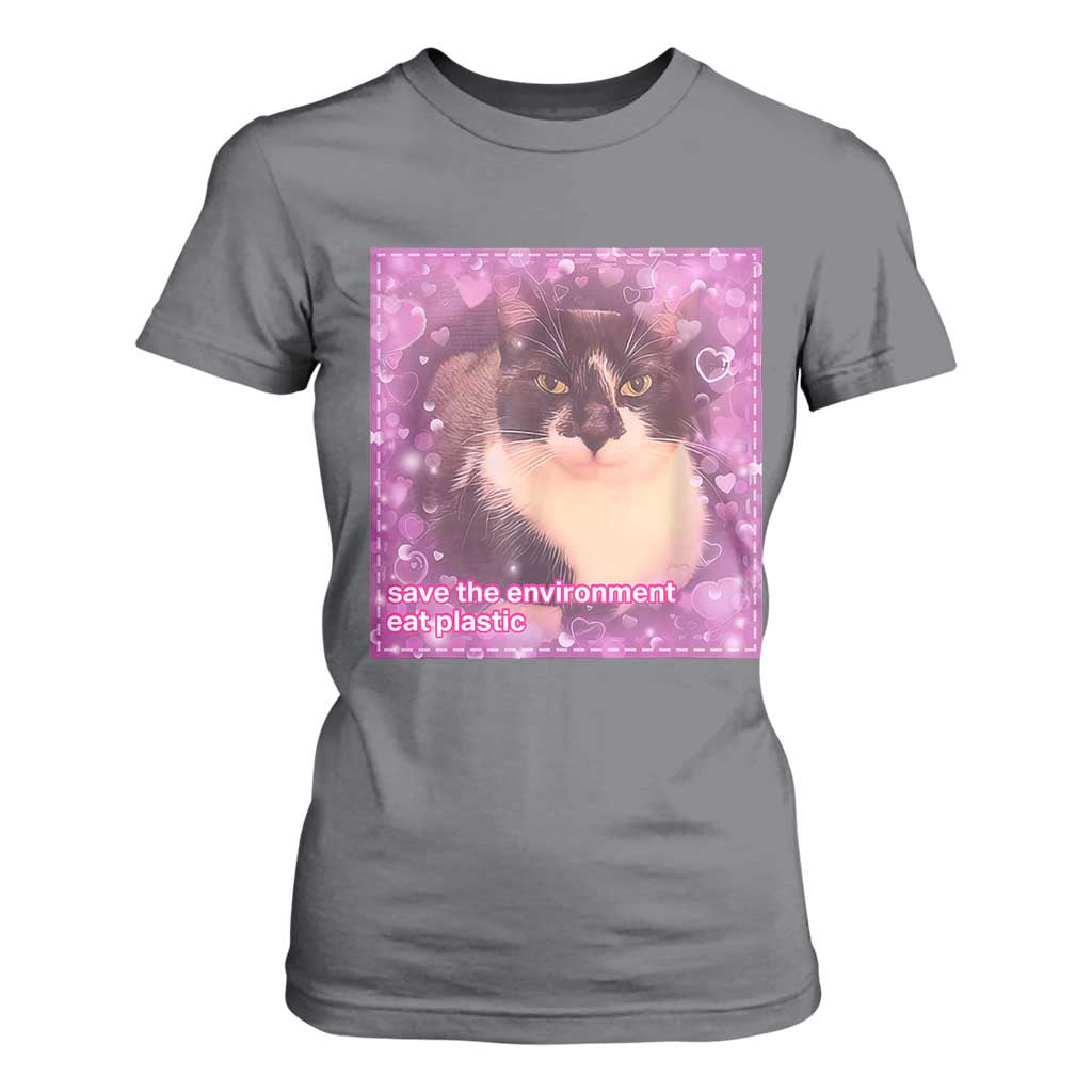 Funny Save The Environment Eat Plastic T Shirt For Women Cat Meme TS11 Charcoal Print Your Wear