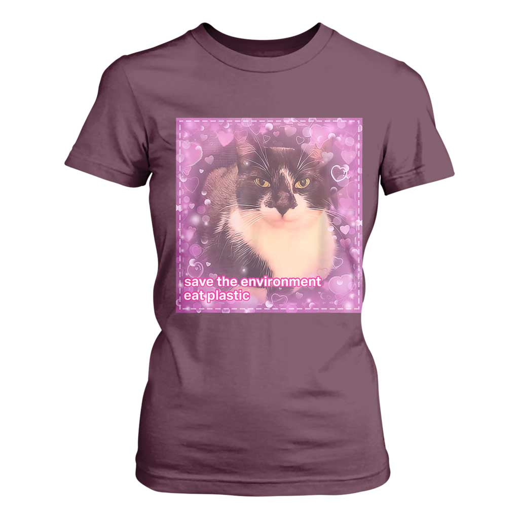 Funny Save The Environment Eat Plastic T Shirt For Women Cat Meme TS11 Maroon Print Your Wear