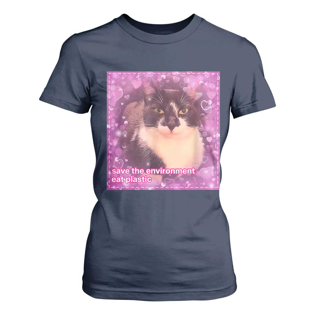 Funny Save The Environment Eat Plastic T Shirt For Women Cat Meme TS11 Navy Print Your Wear