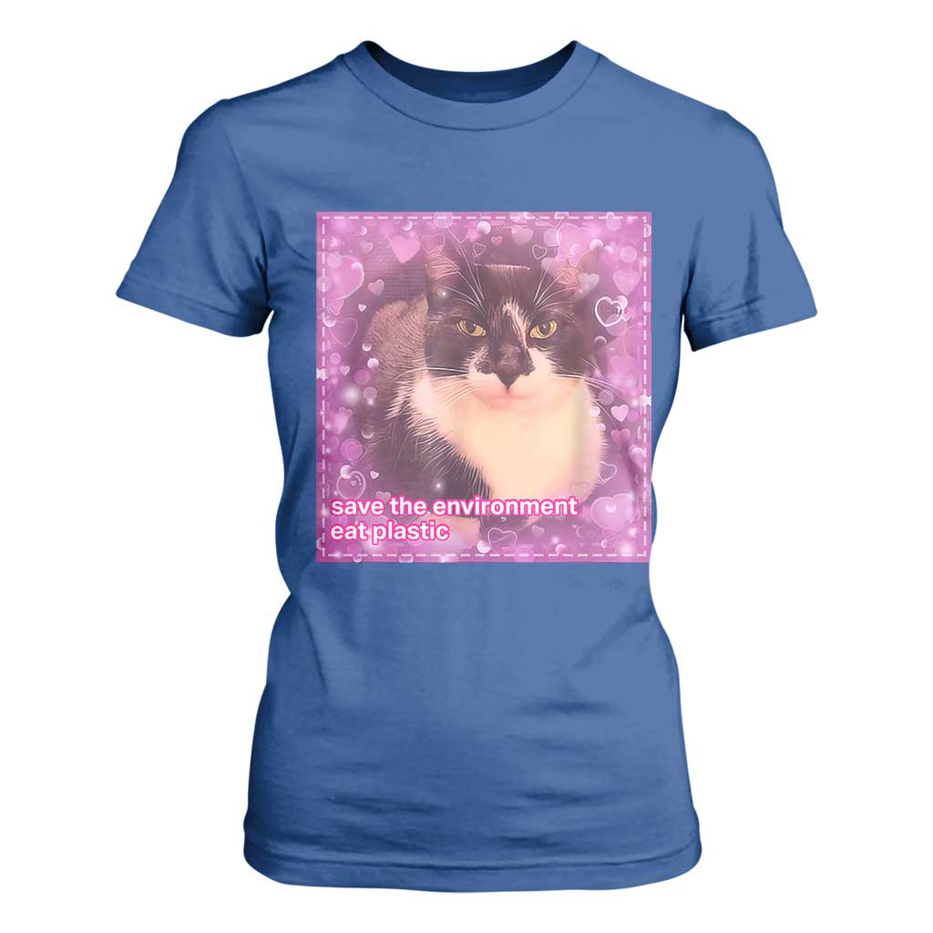 Funny Save The Environment Eat Plastic T Shirt For Women Cat Meme TS11 Royal Blue Print Your Wear