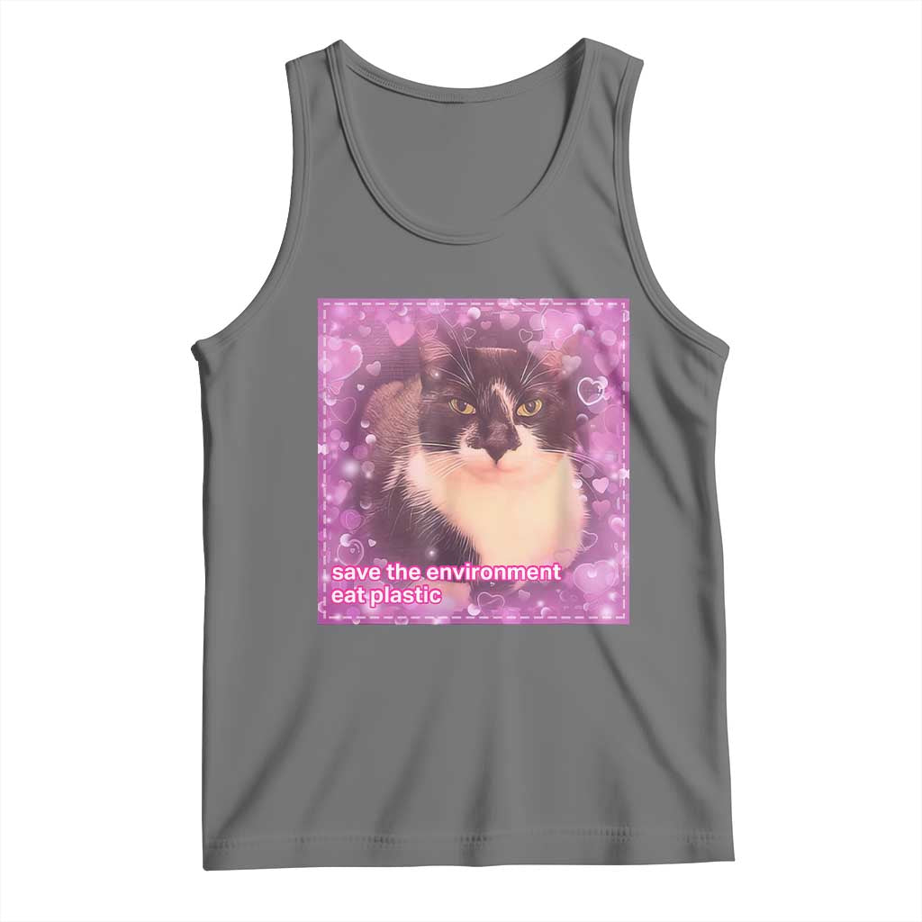 Funny Save The Environment Eat Plastic Tank Top Cat Meme TS11 Black Heather Print Your Wear