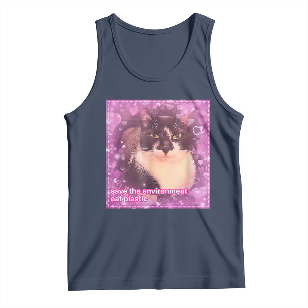 Funny Save The Environment Eat Plastic Tank Top Cat Meme TS11 Navy Print Your Wear