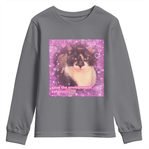 Funny Save The Environment Eat Plastic Youth Sweatshirt Cat Meme TS11 Charcoal Print Your Wear
