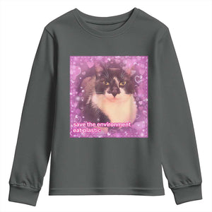 Funny Save The Environment Eat Plastic Youth Sweatshirt Cat Meme TS11 Dark Heather Print Your Wear