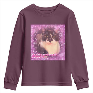 Funny Save The Environment Eat Plastic Youth Sweatshirt Cat Meme TS11 Maroon Print Your Wear