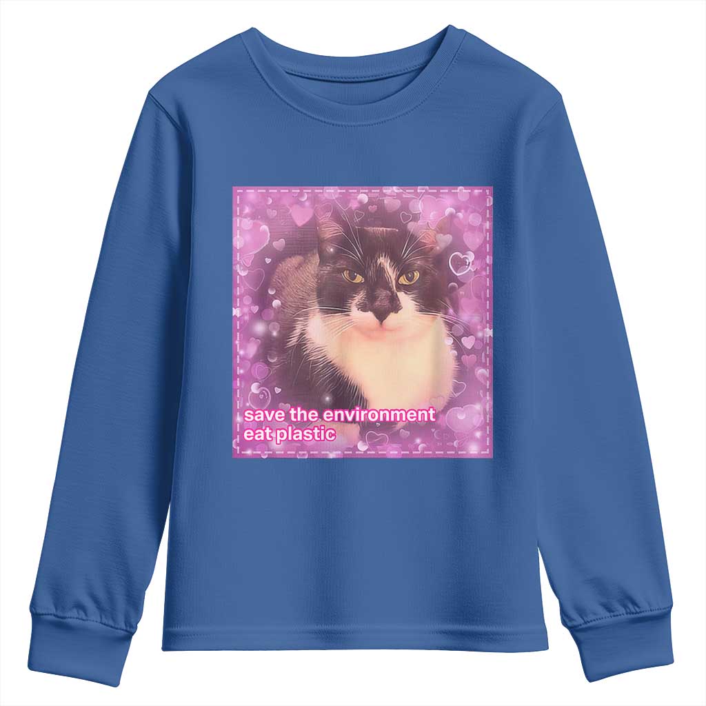 Funny Save The Environment Eat Plastic Youth Sweatshirt Cat Meme TS11 Royal Blue Print Your Wear