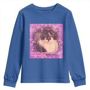 Funny Save The Environment Eat Plastic Youth Sweatshirt Cat Meme TS11 Royal Blue Print Your Wear