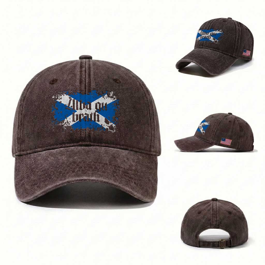 Alba Gu Brath Washed Cotton Baseball Cap Vintage Scottish Scotland Flag Saltire TS11 Washed Cap Universal Fit Dark Brown Print Your Wear
