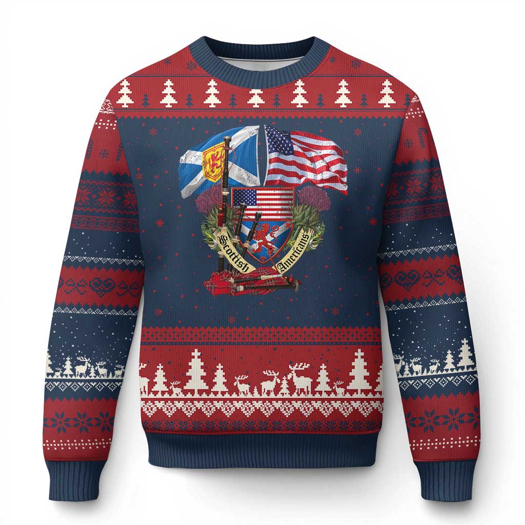 Scottish American Heritage Month Ugly Christmas Sweater Bagpipe Vintage Scottish American Flag Thistle TS11 Navy Red Print Your Wear