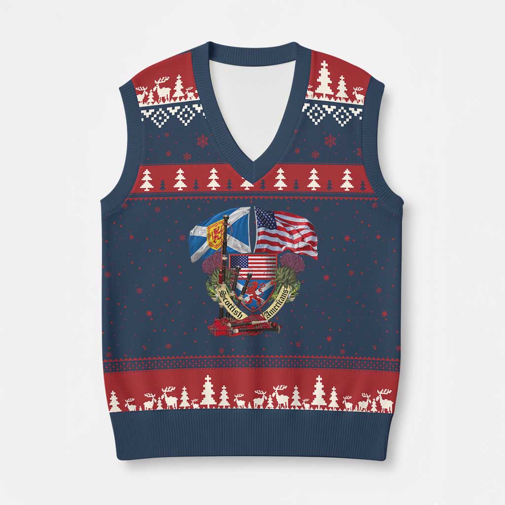 Scottish American Heritage Month V-Neck Knit Sweater Vest Bagpipe Vintage Scottish American Flag Thistle TS11 Navy Red Print Your Wear