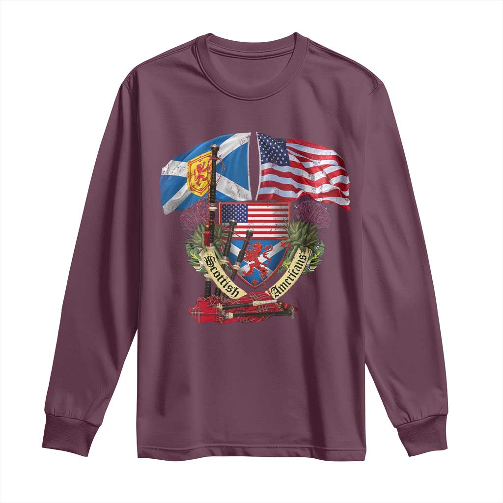 Scottish American Heritage Month Long Sleeve Shirt Bagpipe Vintage Scottish American Flag Thistle TS11 Maroon Print Your Wear