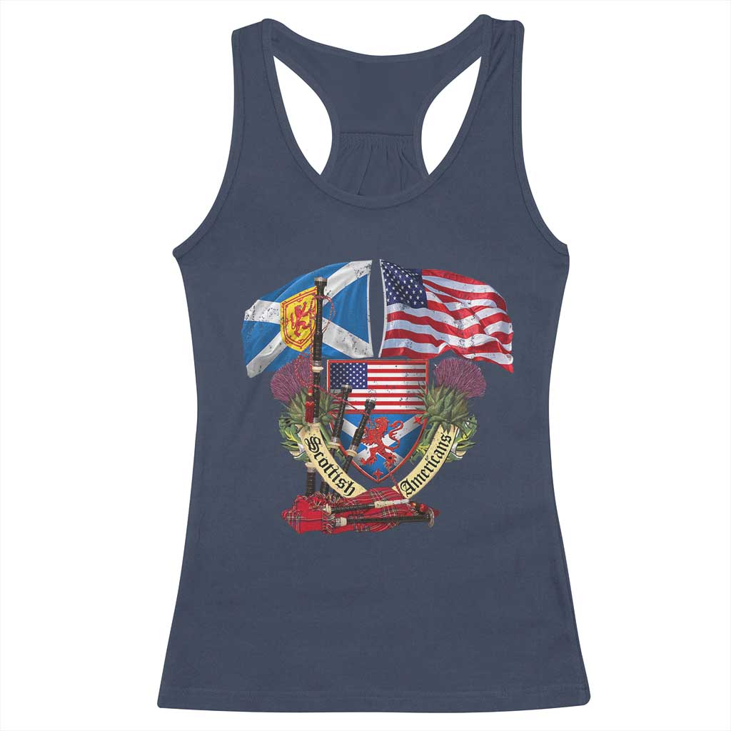 Scottish American Heritage Month Racerback Tank Top Bagpipe Vintage Scottish American Flag Thistle TS11 Navy Print Your Wear