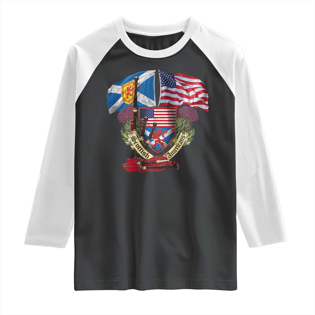 Scottish American Heritage Month Raglan Shirt Bagpipe Vintage Scottish American Flag Thistle TS11 Black White Print Your Wear