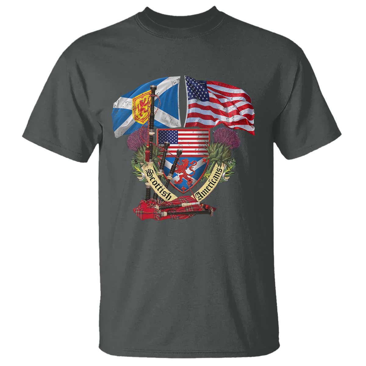 Scottish American Heritage Month T Shirt Bagpipe Vintage Scottish American Flag Thistle TS11 Dark Heather Print Your Wear