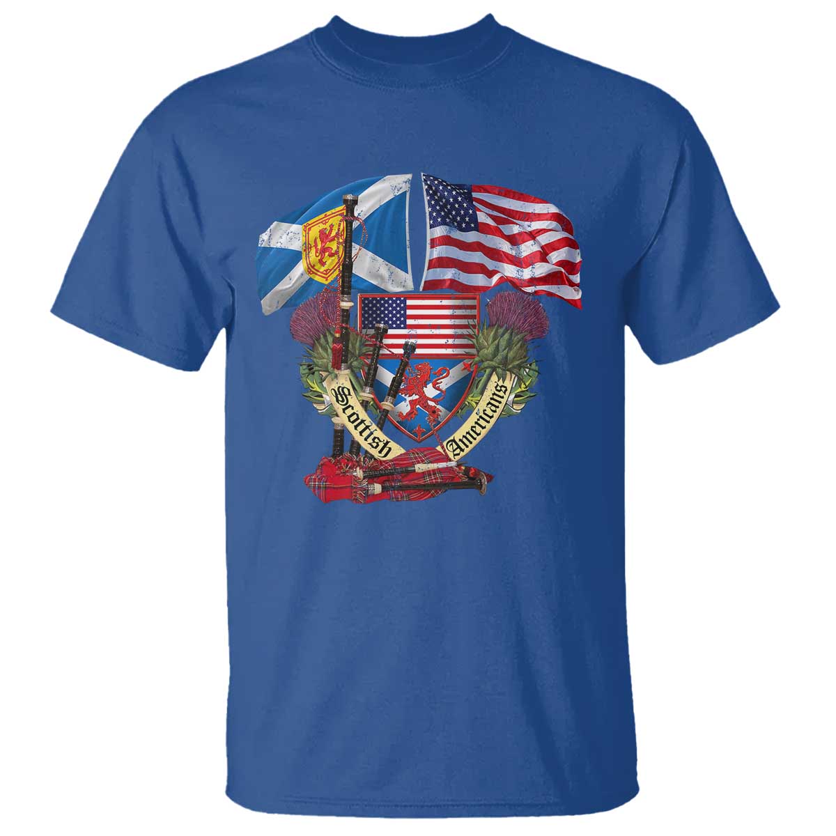 Scottish American Heritage Month T Shirt Bagpipe Vintage Scottish American Flag Thistle TS11 Royal Blue Print Your Wear