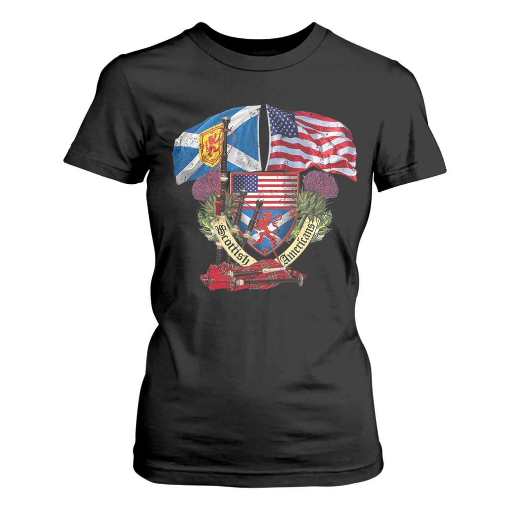 Scottish American Heritage Month T Shirt For Women Bagpipe Vintage Scottish American Flag Thistle TS11 Black Print Your Wear