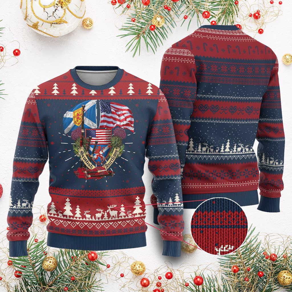 Scottish American Heritage Month Knit Sweatshirt Bagpipe Vintage Scottish American Flag Thistle TS11 Burgundy Print Your Wear