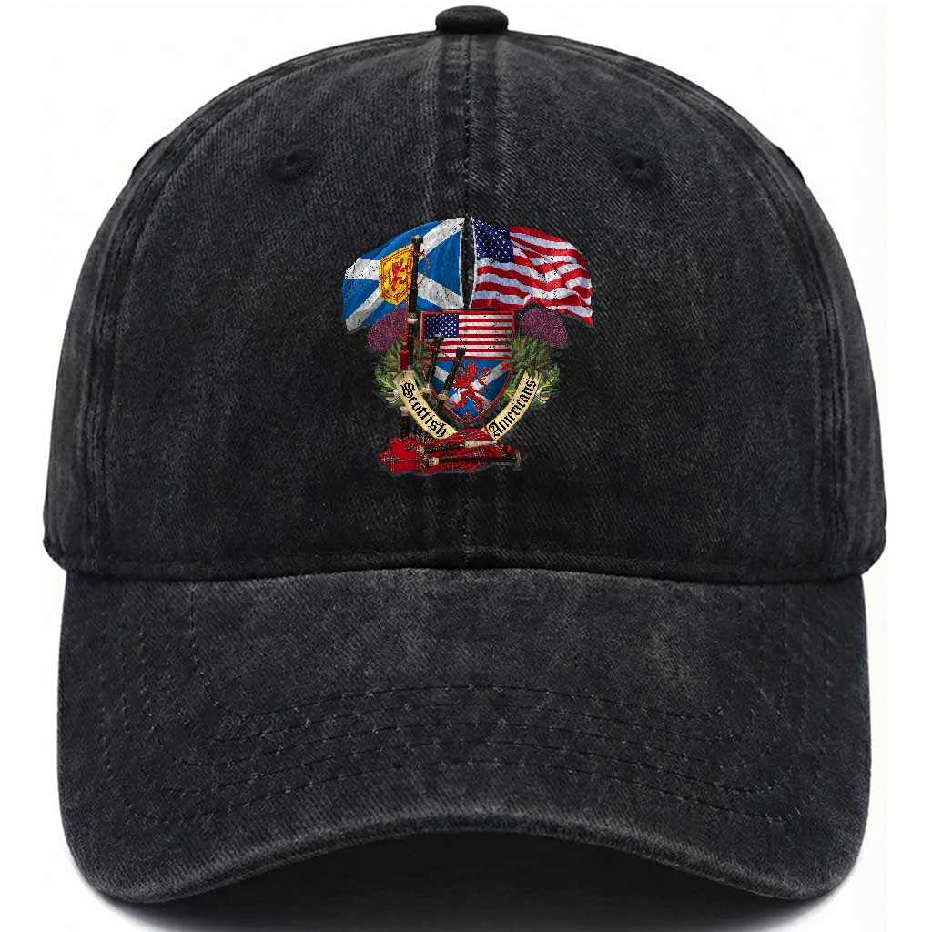 Scottish American Heritage Month Washed Cotton Baseball Cap Bagpipe Vintage Scottish American Flag Thistle TS11 Print Your Wear