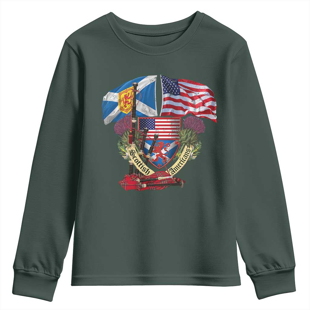 Scottish American Heritage Month Youth Sweatshirt Bagpipe Vintage Scottish American Flag Thistle TS11 Dark Forest Green Print Your Wear