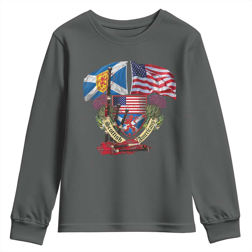 Scottish American Heritage Month Youth Sweatshirt Bagpipe Vintage Scottish American Flag Thistle TS11 Dark Heather Print Your Wear