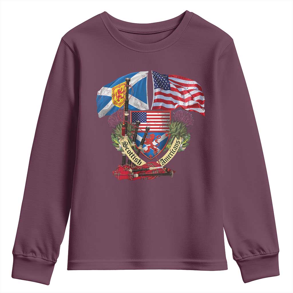 Scottish American Heritage Month Youth Sweatshirt Bagpipe Vintage Scottish American Flag Thistle TS11 Maroon Print Your Wear