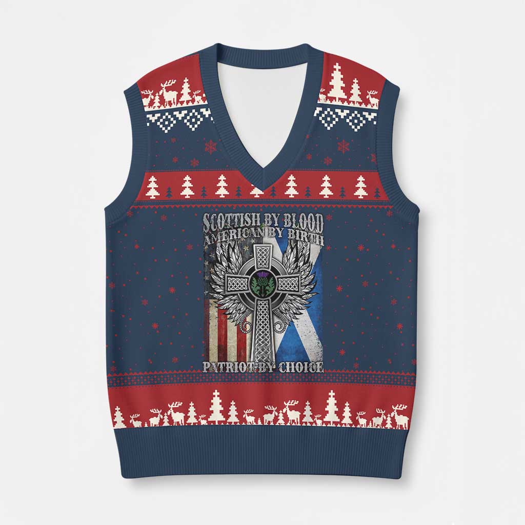 Scottish American V-Neck Knit Sweater Vest Scottish By Blood American By Birth Patriot By Choice TS11 Navy Red Print Your Wear