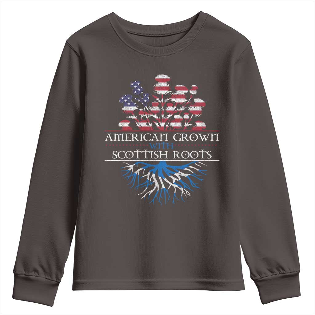 American Grown With Scottish Roots Youth Sweatshirt Scottish American Heritage Thistle Flower TS11 Dark Chocolate Print Your Wear