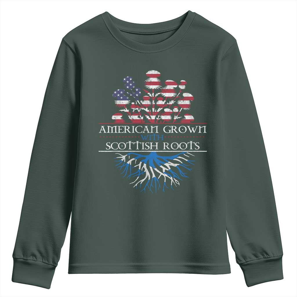 American Grown With Scottish Roots Youth Sweatshirt Scottish American Heritage Thistle Flower TS11 Dark Forest Green Print Your Wear