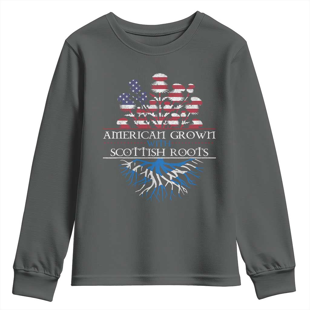 American Grown With Scottish Roots Youth Sweatshirt Scottish American Heritage Thistle Flower TS11 Dark Heather Print Your Wear