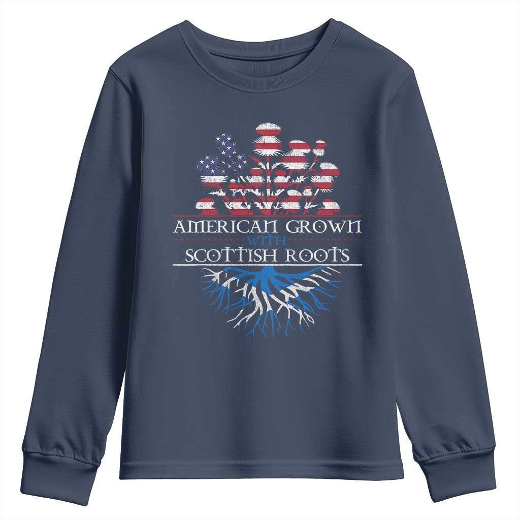 American Grown With Scottish Roots Youth Sweatshirt Scottish American Heritage Thistle Flower TS11 Navy Print Your Wear