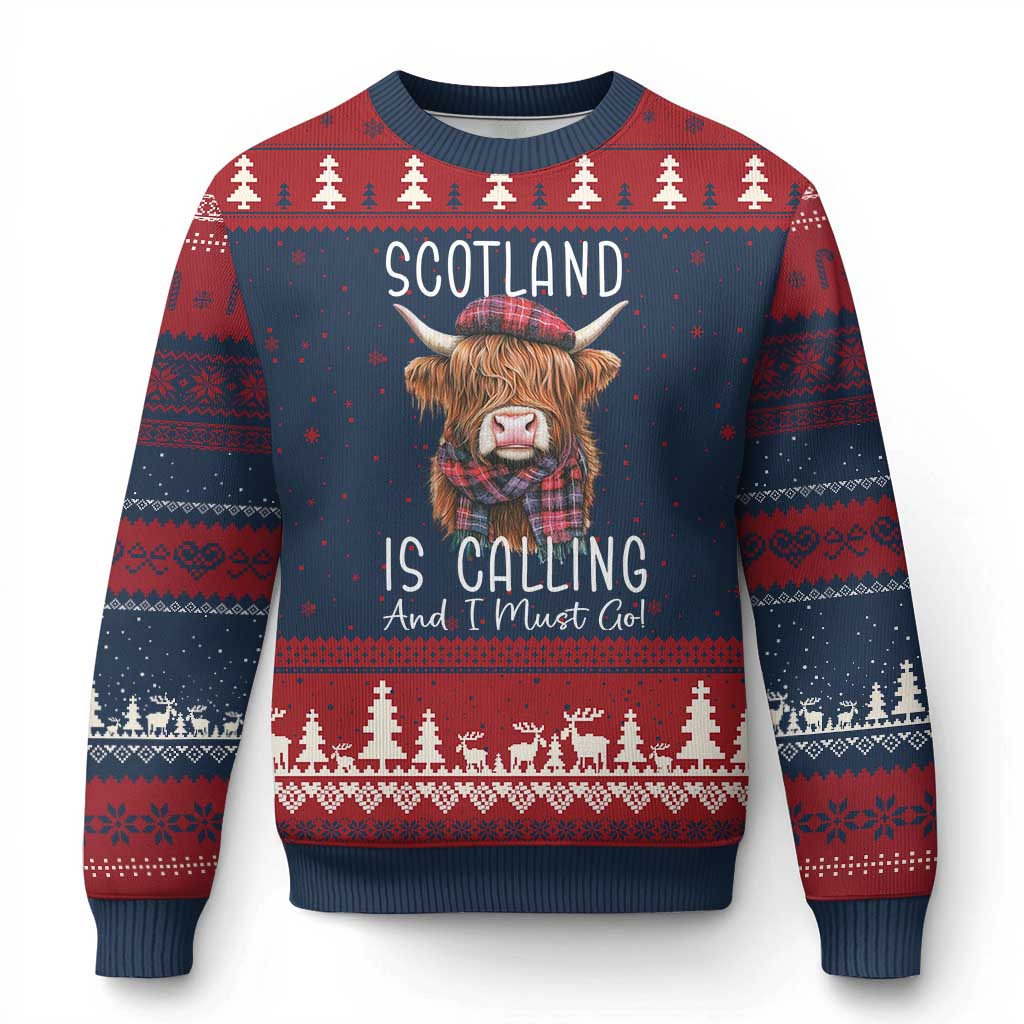 Funny Scotland Is Calling And I Must Go Ugly Christmas Sweater Highland Cow TS11 Navy Red Print Your Wear
