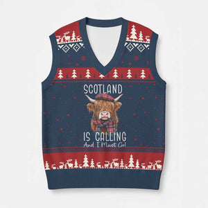 Funny Scotland Is Calling And I Must Go V-Neck Knit Sweater Vest Highland Cow TS11 Navy Red Print Your Wear